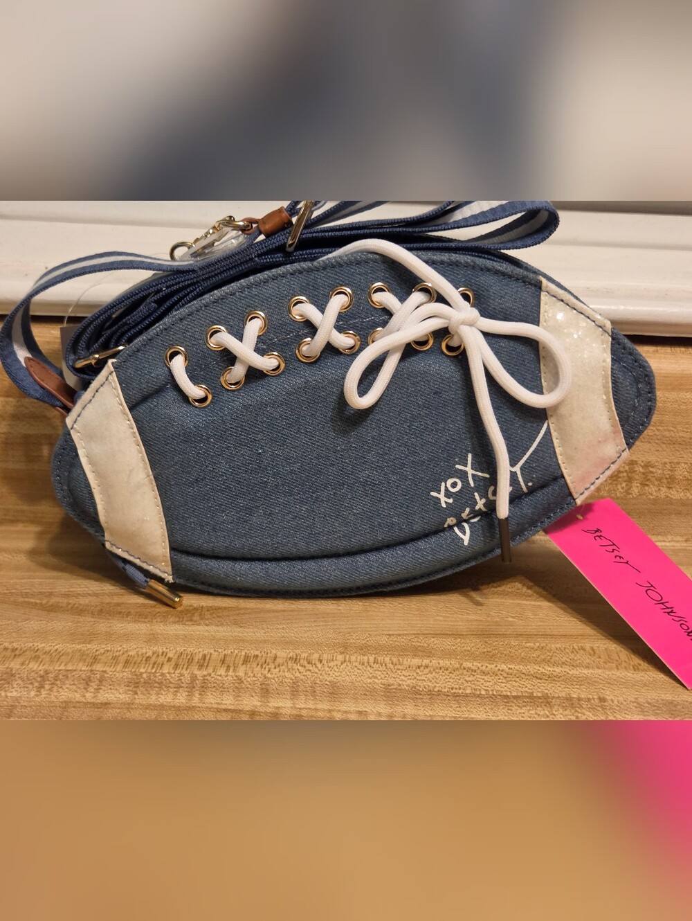 Betsey Johnson NWT Denim Football Crossbody W/Guitar Strap & Bag Charm - Picture 3 of 6